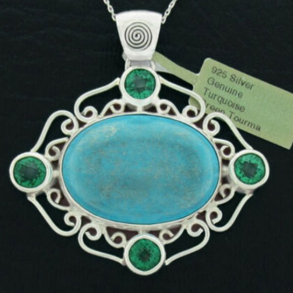 GENUINE TURQUOISE & GREEN TOURMALINE PENDANT NECKLACE .925 Silver